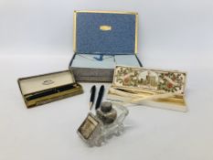VINTAGE "RITOVEL" STATIONERY SET ALONG WITH A GLASS SOUVENIR INKWELL,