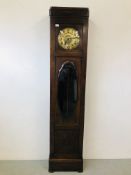 A 1930'S OAK LONG CASE CLOCK WITH CIRCULAR DIAL (MOVEMENT A/F) - H209CM. W 47CM. D 26CM.