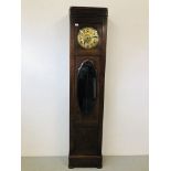 A 1930'S OAK LONG CASE CLOCK WITH CIRCULAR DIAL (MOVEMENT A/F) - H209CM. W 47CM. D 26CM.