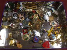 TIN OF MIXED ENAMEL AND OTHER BADGES, MILITARY, SPORTING ETC.