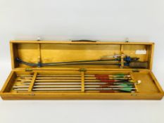 A VINTAGE APOLLO SWALLOW BOW WITH ARROWS IN WOODEN TRAVEL BOX