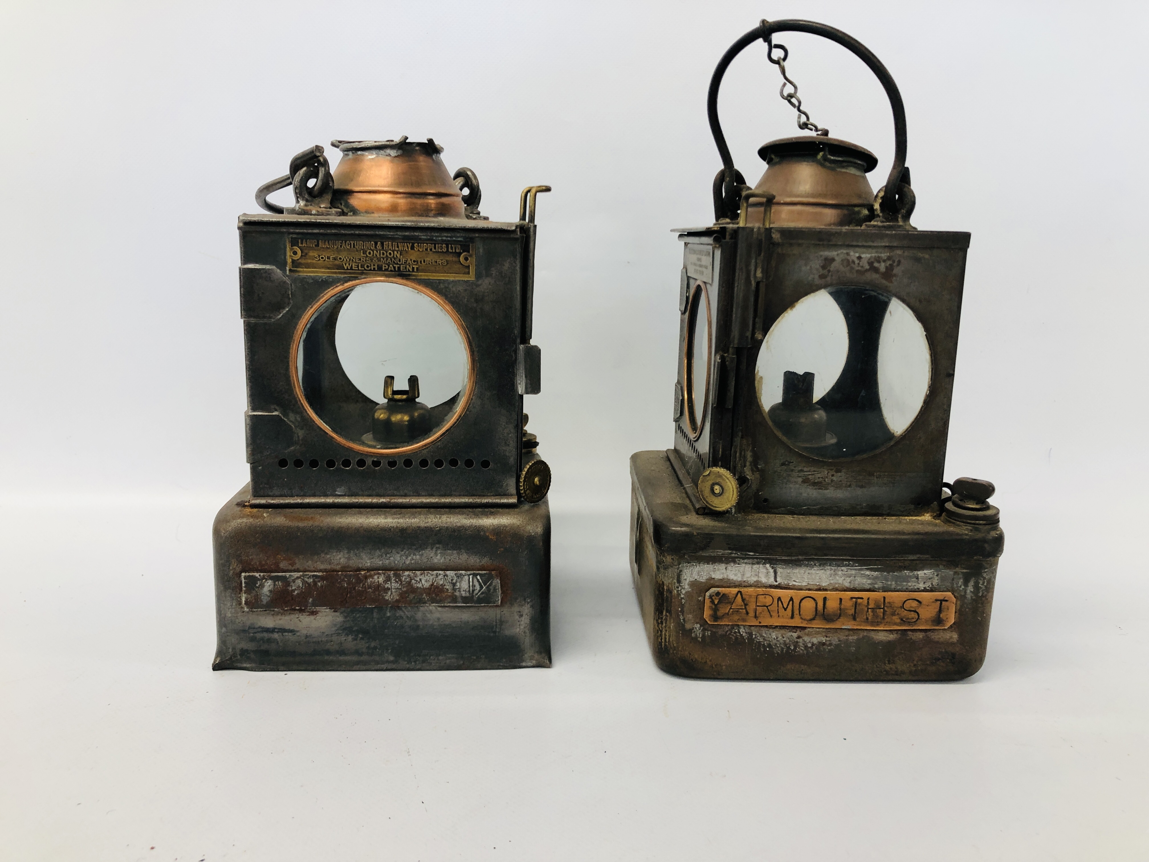 2 X VINTAGE RAILWAY LAMPS "WELCH PATENT" YARMOUTH VAUX & YARMOUTH ST