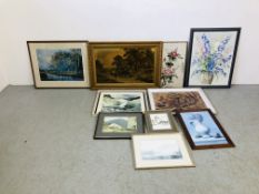 10 VARIOUS FRAMED PRINTS AND WATERCOLOURS TO INCLUDE ORIENTAL BLOSSOM WITH BUTTERFLY WATERCOLOUR,