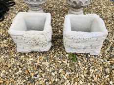 A PAIR OF SQUARE BRICKWORK STYLE STONEWORK GARDEN PLANTERS HEIGHT 27CM