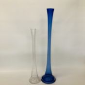 LARGE BLUE ART GLASS VASE H 80CM ALONG WITH A SMALLER CLEAR GLASS VASE H 60CM