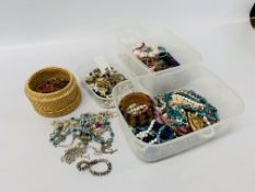 FIVE BOXES OF MIXED COSTUME JEWELLERY AND BEADS