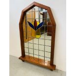 A HARDWOOD FRAMED SHAPED TOP WALL MIRROR WITH LEADED DESIGN W 86CM,