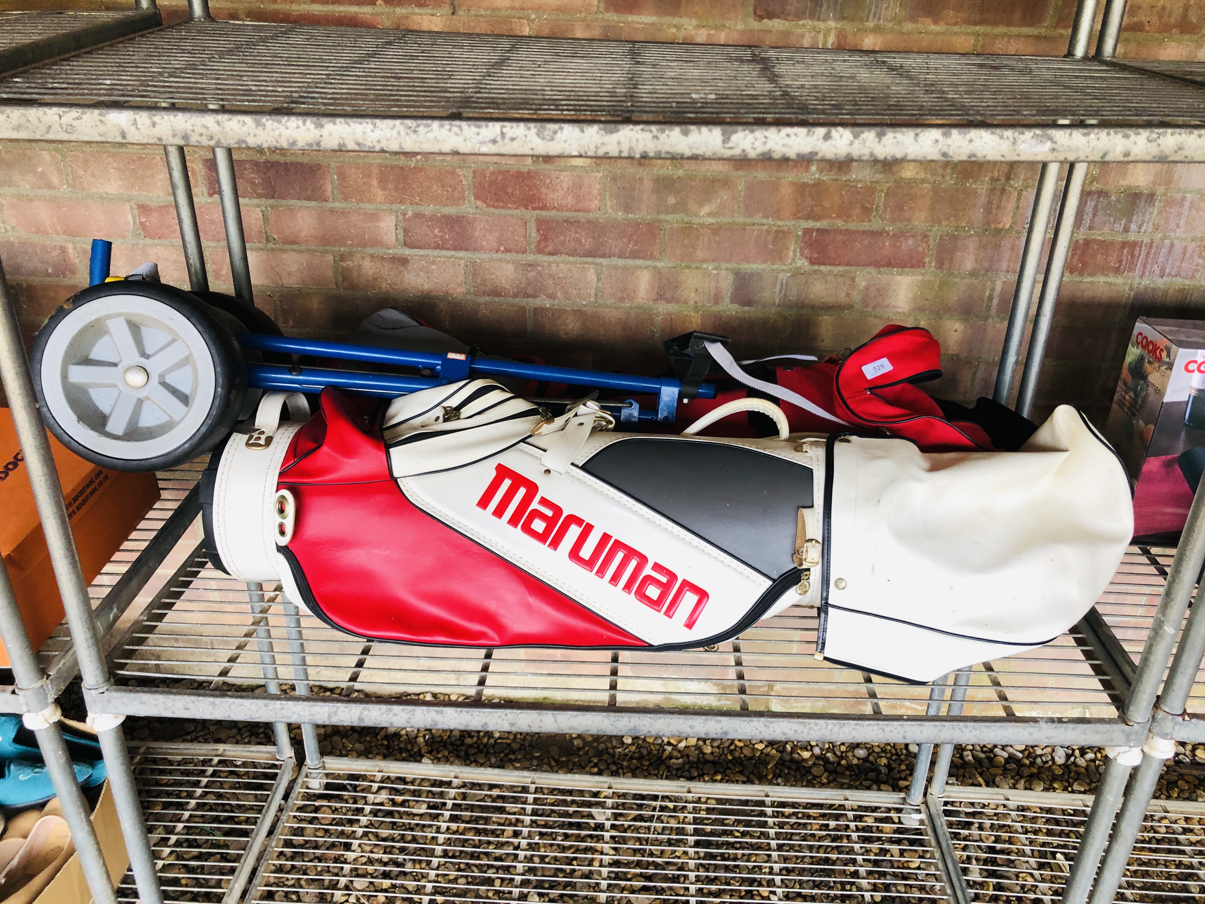 2 X GOLF BAGS / CADDIES TO INCLUDE AN ASSORTMENT OF CLUBS TO INCLUDE MARUMAN, PATTY BERG ETC.