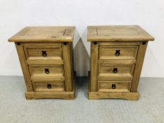 A PAIR OF CORONA MEXICAN PINE THREE DRAWER BEDSIDE CHESTS W 53CM, L 67CM,