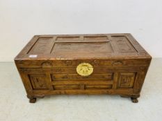 ORIENTAL HARDWOOD CARVED CHEST WITH BRASS LOCK