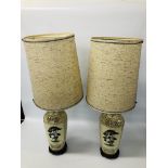 PAIR OF ORIENTAL STORK PATTERN TABLE LAMP BASES ALONG WITH LARGE BEIGE SHADES - SOLD AS SEEN -