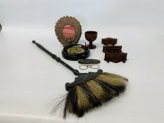 BOX OF COLLECTIBLES TO INCLUDE A COPPER PEACOCK PHOTO FRAME, AN OAK POCKET WATCH HOLDER, TUREEN CUP,