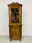 A SOLID OAK HALF GLAZED CORNER CABINET, BESPOKE MADE BY FAMILY MEMBER IN EDWARDIAN STYLE W 76CM,