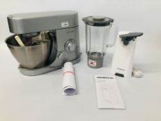 A KENWOOD CHEF FOOD MIXER WITH ACCESSORIES AND INSTRUCTIONS ALONG WITH A KENWOOD CAN OPENER WITH