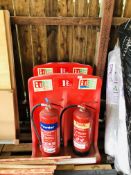 TWO FIRE EXTINGUISHER STANDS CONTAINING 2 X POWDER EXTINGUISHERS AND 2 X FOAM EXTINGUISHERS (IN