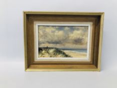 OWEN WATERS "WAXHAM DUNES" OIL ON BOARD - 14 X 21.5CM.