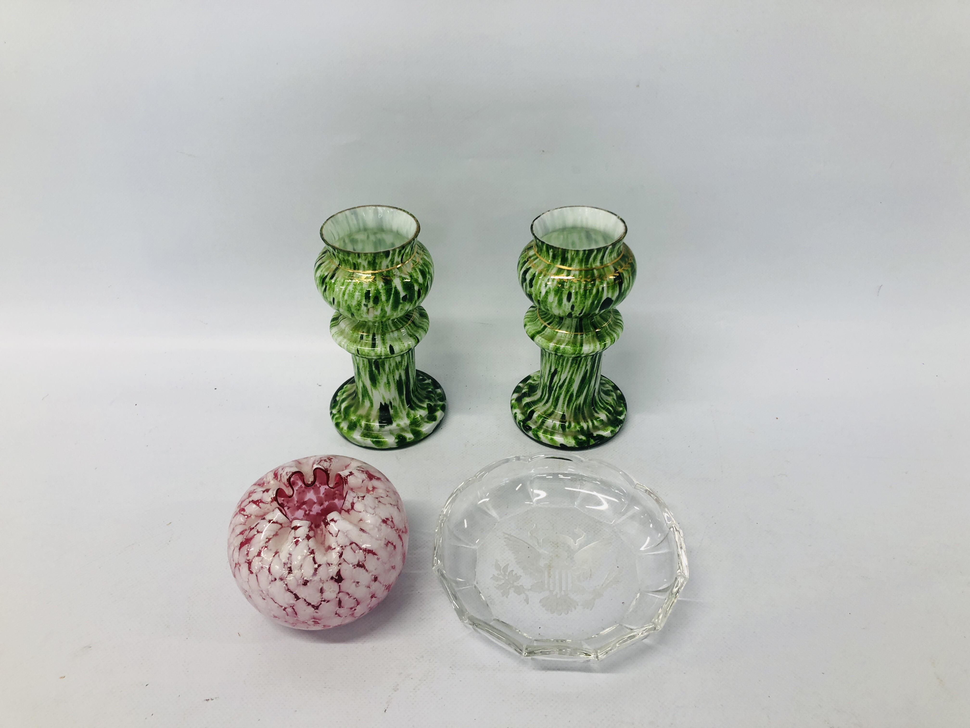 PAIR OF VINTAGE GREEN GLASS VASES, PINK & WHITE VASE ALONG WITH A CRYSTAL DISH MARKED MVSL, - Image 2 of 7
