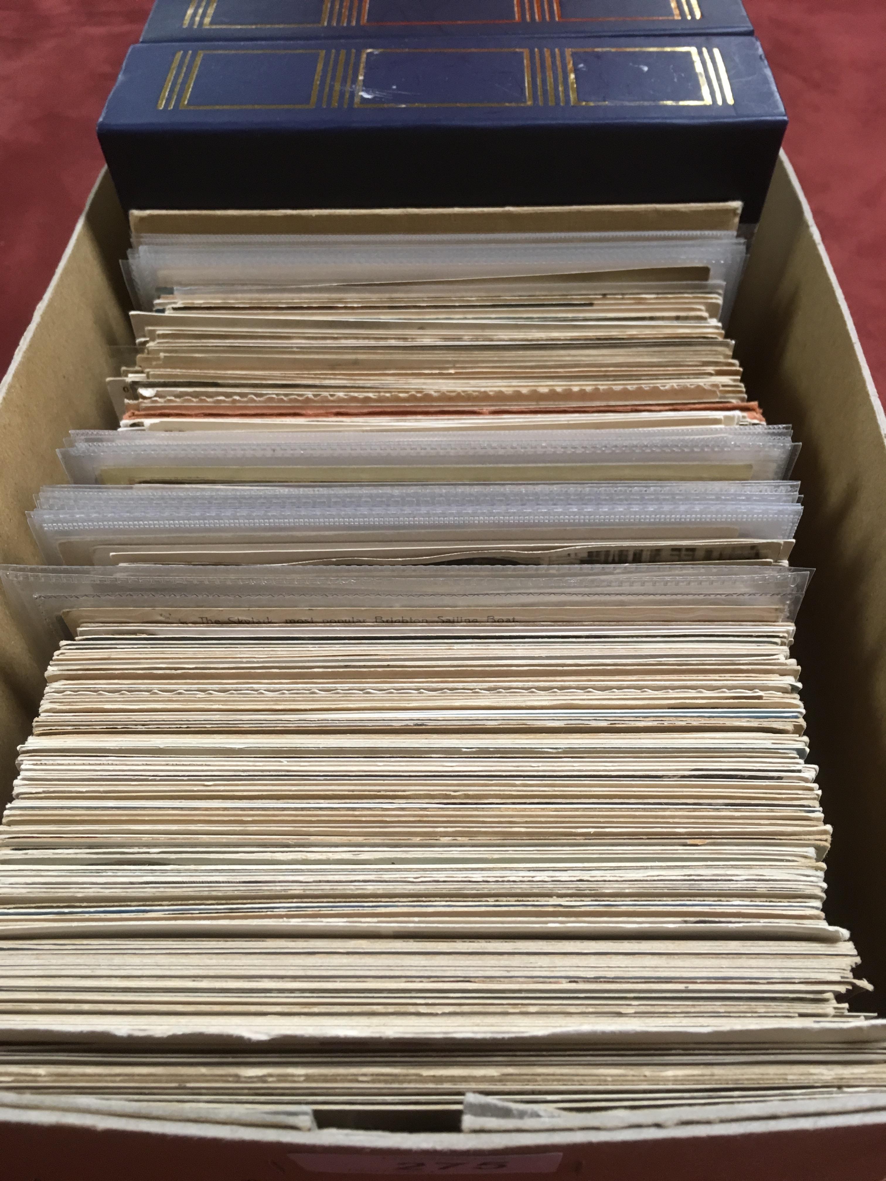 BOX OF OLD POSTCARDS IN TWO FOLDERS AND LOOSE, NORFOLK BROADS, WW1, WALES, RUGBY TEAMS ETC.