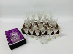 SET OF 6 WATERFORD CRYSTAL GLASSES WITH ORIGINAL LABELS ALONG WITH A DISPLAY TRAY OF ASSORTED