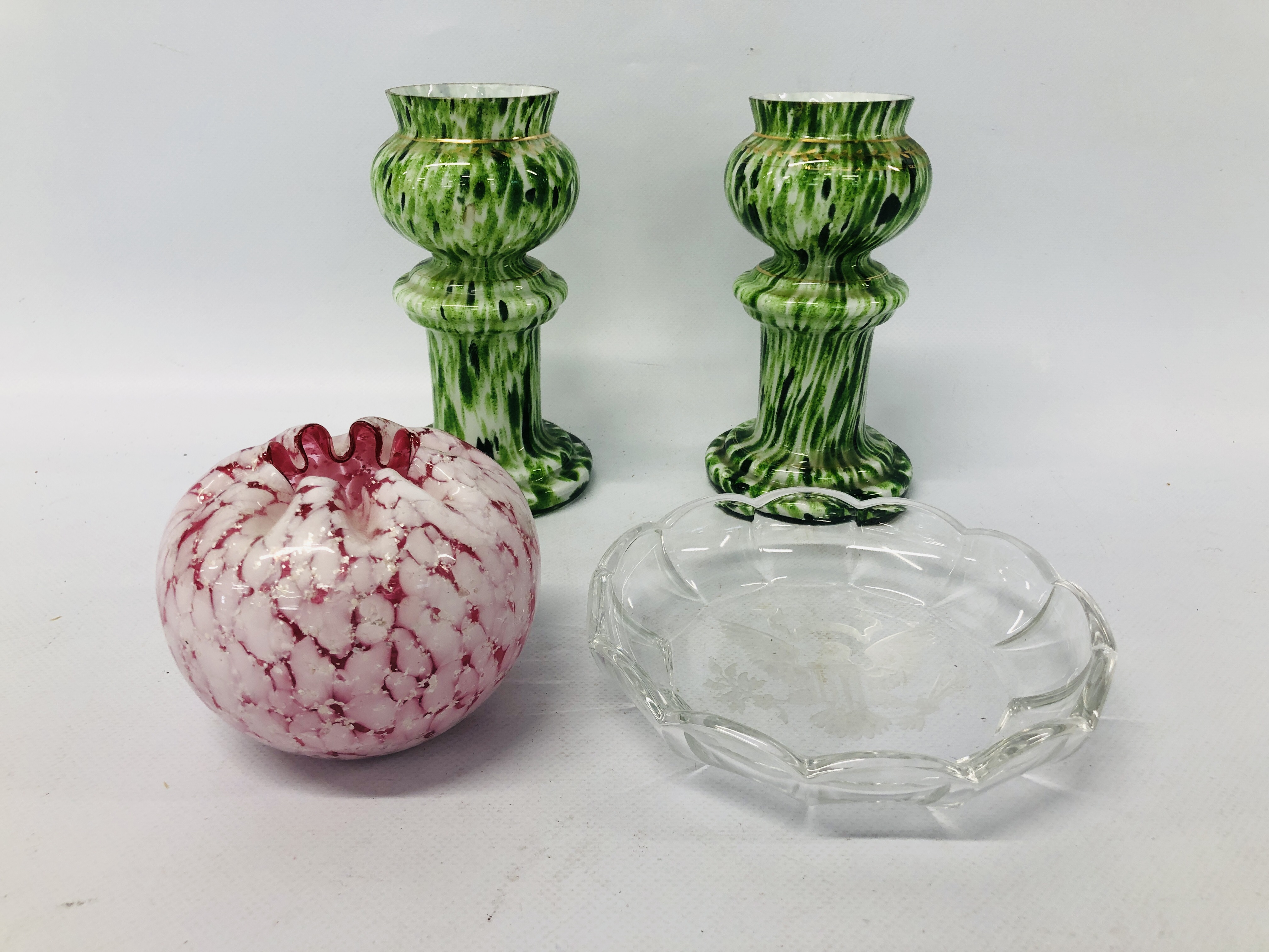 PAIR OF VINTAGE GREEN GLASS VASES, PINK & WHITE VASE ALONG WITH A CRYSTAL DISH MARKED MVSL,