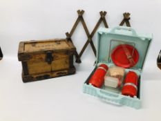 VINTAGE "VERNEYS" SMALL PLATES STORAGE BOX, FOLDING COAT HOOK ALONG WITH A VITNAGE PICNIC SET,