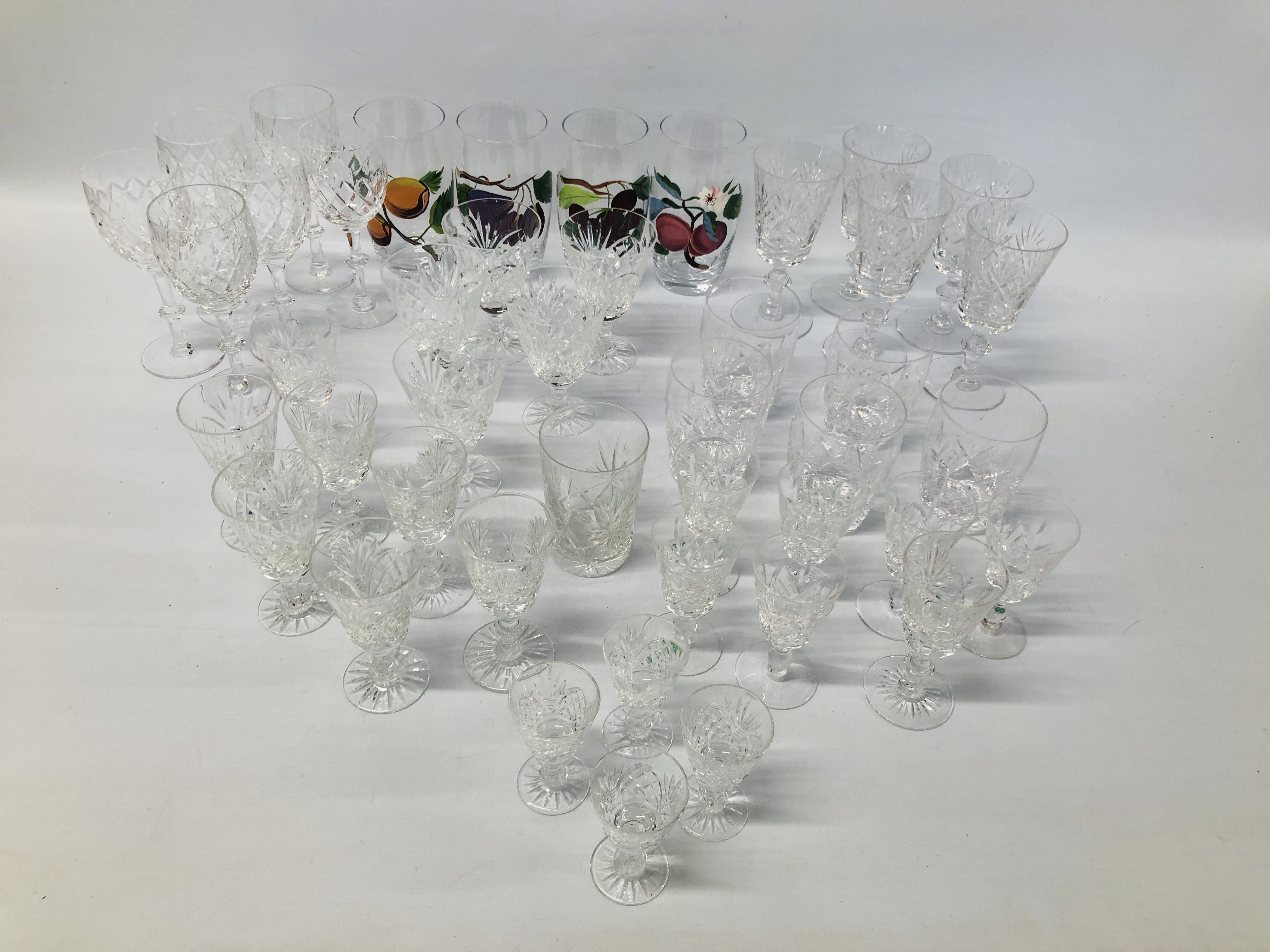 COLLECTION OF GOOD QUALITY CUT GLASS CRYSTAL DRINKING VESSELS ALONG WITH A SET OF 4 HAND PAINTED