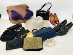 BOX OF ASSORTED VINTAGE HANDBAGS AND SHOES TO INCLUDE A PAIR OF NAVY LEATHER PEAL & CO.