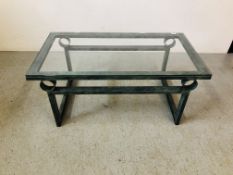 A DESIGNER METAL CRAFT COFFEE TABLE WITH GLASS TOP - W 100CM. D 61CM.