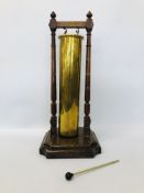 VINTAGE BRASS GONG INSET WITHIN A BEAUTIFUL TURNED OAK STAND. H 21.