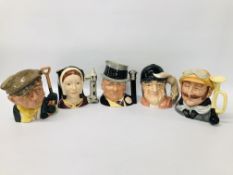 5 X ROYAL DOULTON CHARACTER JUGS TO INCLUDE CATHERINE OF ARAGON D6643, VETERAN MOTORIST D6633,