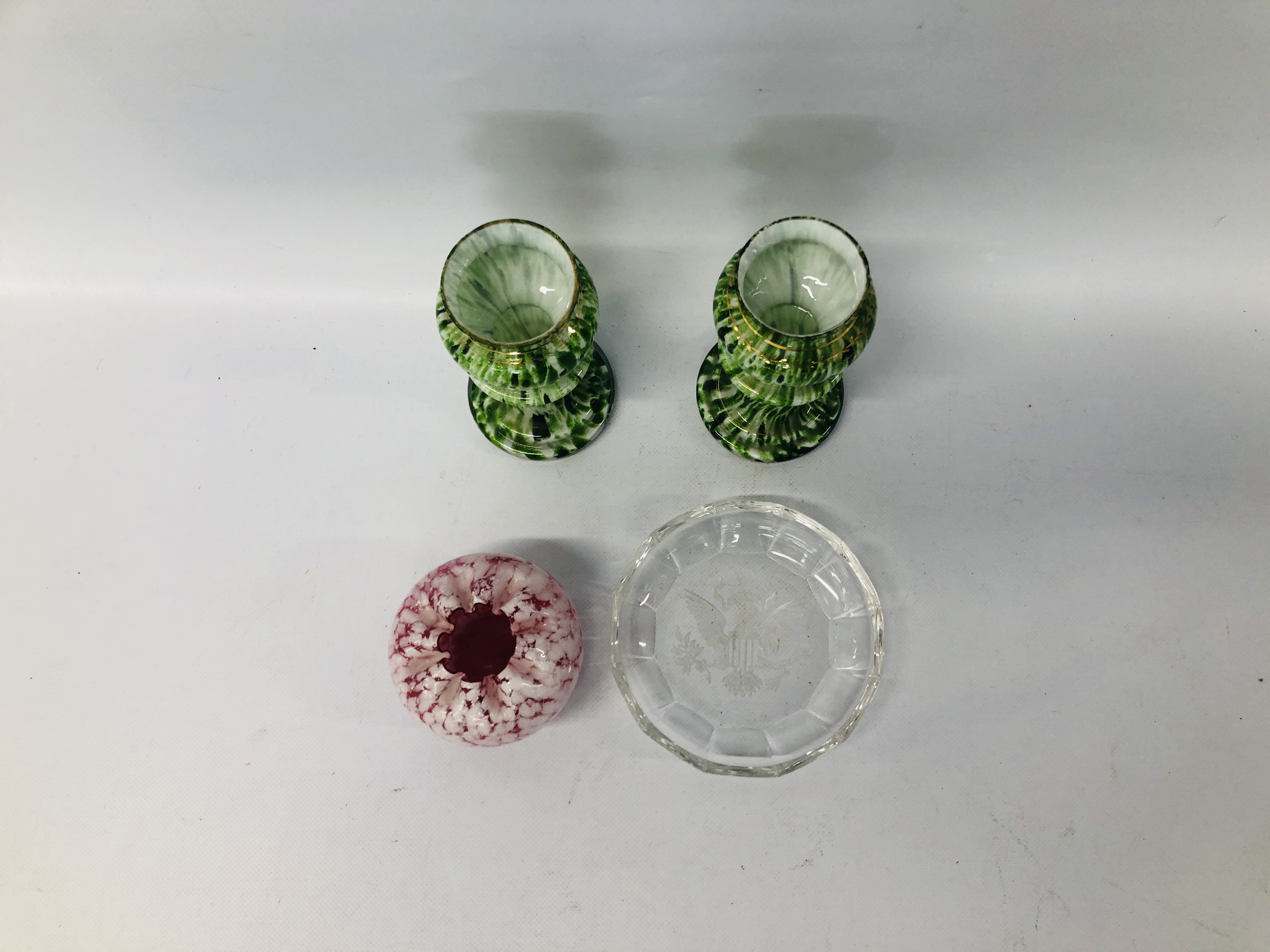 PAIR OF VINTAGE GREEN GLASS VASES, PINK & WHITE VASE ALONG WITH A CRYSTAL DISH MARKED MVSL, - Image 3 of 7