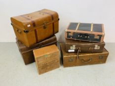 A GROUP OF VINTAGE LUGGAGE TO INCLUDE TWO TIN TRUNKS,