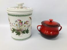 A LARGE PORTMEIRION BOTANIC GARDEN DESIGN BREAD CROCK HEIGHT 37CM AND LE CREUSET RED GLAZED