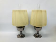 PAIR OF CHROME PLATED TABLE OIL LAMPS AND PLEATED SHADES