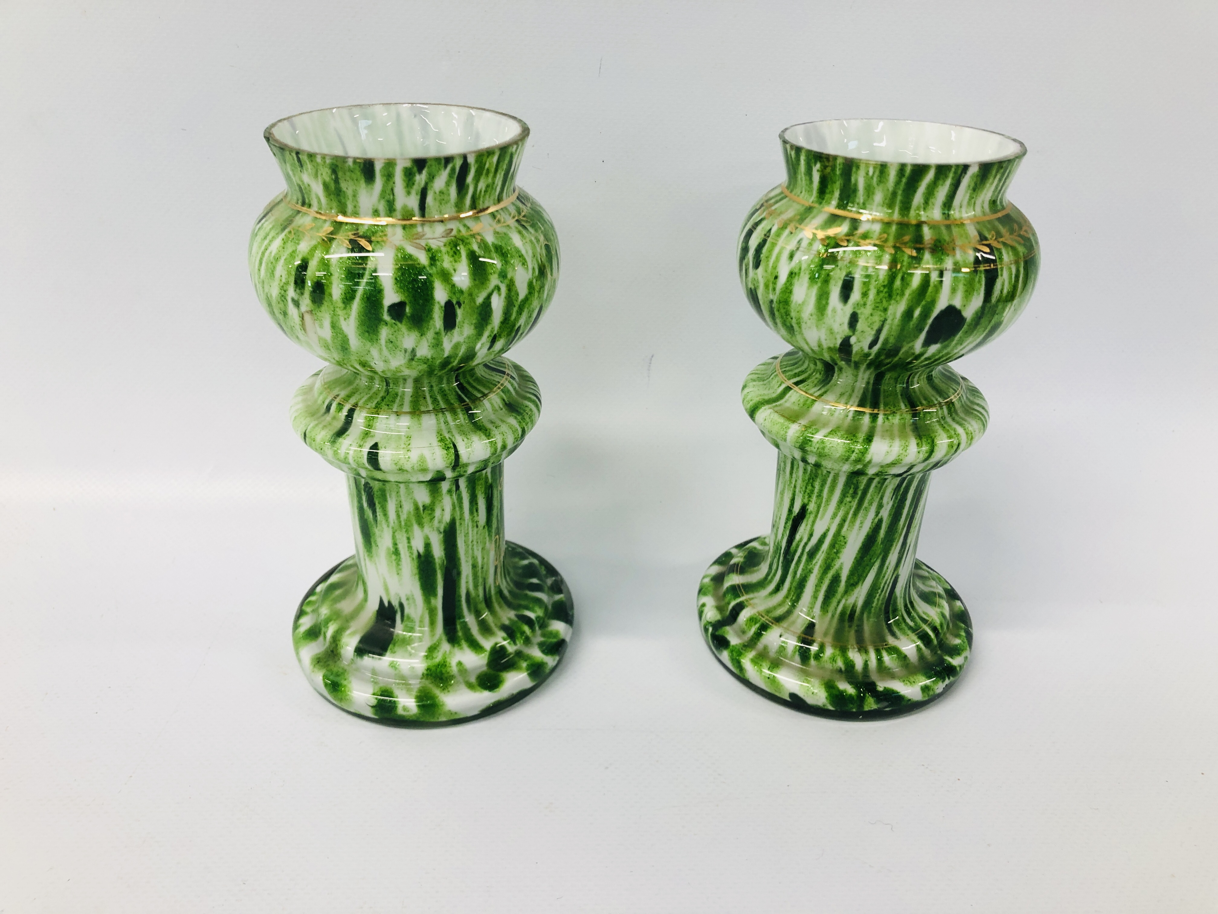 PAIR OF VINTAGE GREEN GLASS VASES, PINK & WHITE VASE ALONG WITH A CRYSTAL DISH MARKED MVSL, - Image 6 of 7