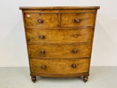 A VICTORIAN MAHOGANY TWO OVER THREE BOW FRONTED CHEST OF DRAWERS STANDING ON TURNED FEET (ONE KNOB