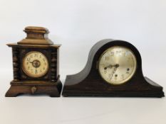 VINTAGE OAK FINISH MANTEL CLOCK WITH WESTMINSTER CHIME ALONG WITH A FURTHER DECORATIVE MANTEL CLOCK