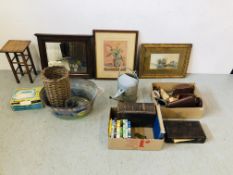 BOX OF VINTAGE COLLECTABLE'S TO INCLUDE BINOCULARS, TORTOISE SHELL EFFECT BRUSH SET,