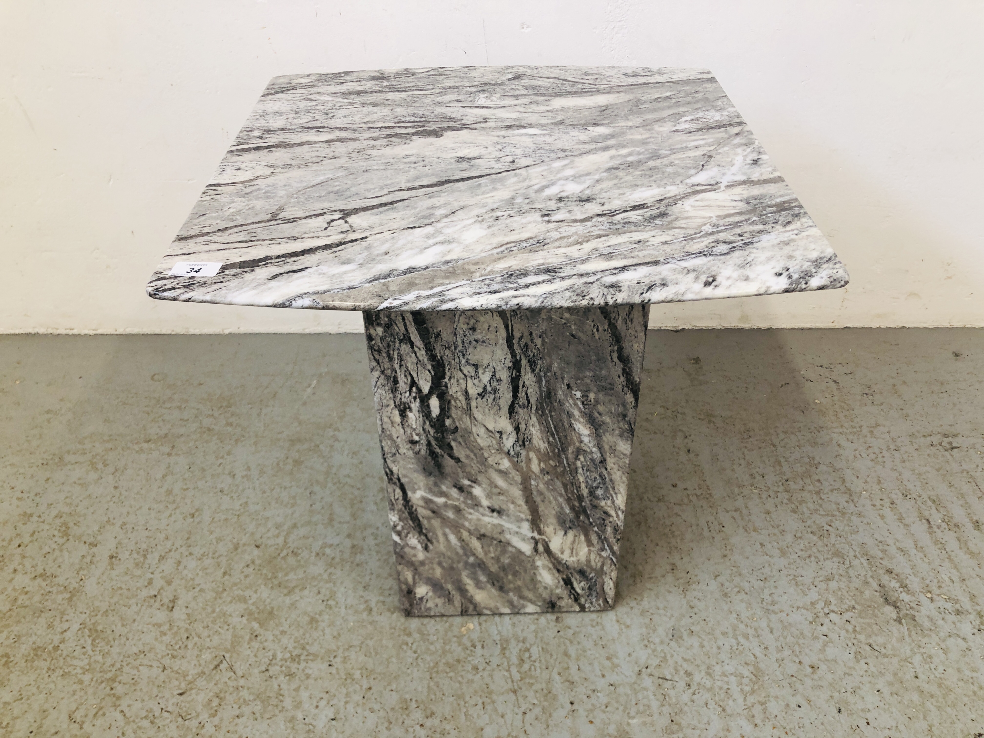 TWO MODERN DESIGNER MARBLE PEDESTAL OCC TABLES - COFFEE TABLE 120 X 70CM AND LAMP TABLE 56 X 56CM