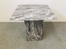 TWO MODERN DESIGNER MARBLE PEDESTAL OCC TABLES - COFFEE TABLE 120 X 70CM AND LAMP TABLE 56 X 56CM