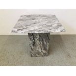 TWO MODERN DESIGNER MARBLE PEDESTAL OCC TABLES - COFFEE TABLE 120 X 70CM AND LAMP TABLE 56 X 56CM