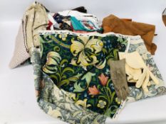 BOX OF ASSORTED VINTAGE LINEN ALONG WITH A QUANTITY OF "GOLDEN LILY" FABRIC DESIGNED BY WILLIAM