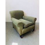 PERIOD GREEN UPHOLSTERED LOW ARM CHAIR
