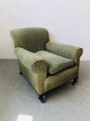 PERIOD GREEN UPHOLSTERED LOW ARM CHAIR