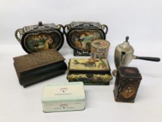 BOX OF ASSORTED TINS TO INCLUDE A PAIR OF HEART SHAPED TINS WITH CLASSICAL SCENES ALONG WITH A