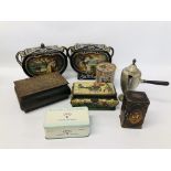 BOX OF ASSORTED TINS TO INCLUDE A PAIR OF HEART SHAPED TINS WITH CLASSICAL SCENES ALONG WITH A