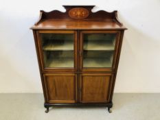 EDWARDIAN INLAID DISPLAY CABINET 4 DOORS TOP TWO GLAZED (KEY WITH AUCTIONEER) W 92CM, D 39CM,