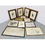 BOX OF ASSORTED PICTURES AND PRINTS TO INCLUDE PENCIL DRAWING "HORSE AND CARRIDGES" INDISTINCT