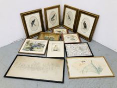 BOX OF ASSORTED PICTURES AND PRINTS TO INCLUDE PENCIL DRAWING "HORSE AND CARRIDGES" INDISTINCT