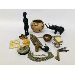 BOX OF ASSORTED COLLECTABLE'S TO INCLUDE PIPE, HARDWOOD FIGURES, SEAL/STAMP SOAP STONE,